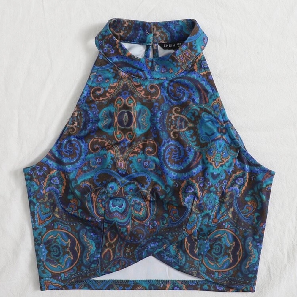 Halter Wrap Cross Paisley Crop Top